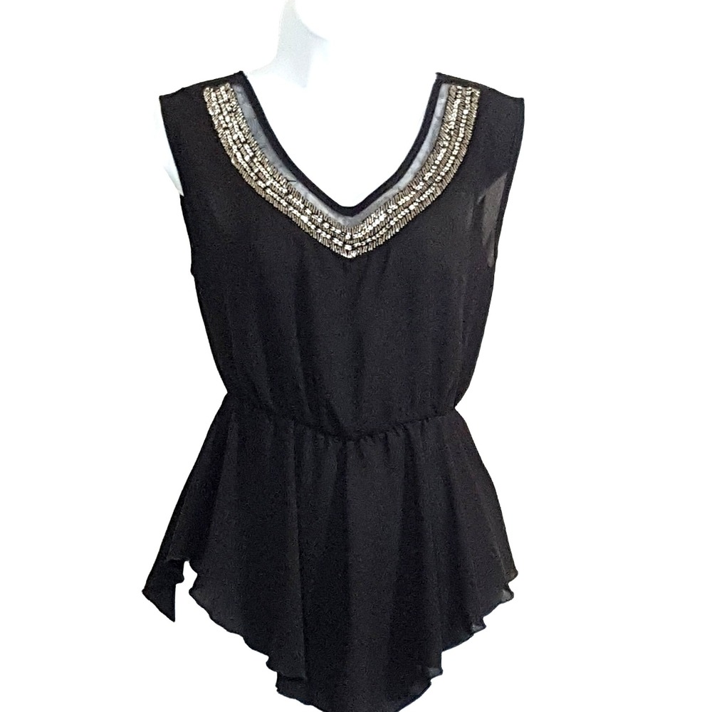 A'GACI Top Women Small 9052AG Black Beaded Sequin V-Neck Chiffon Peplum Blouse